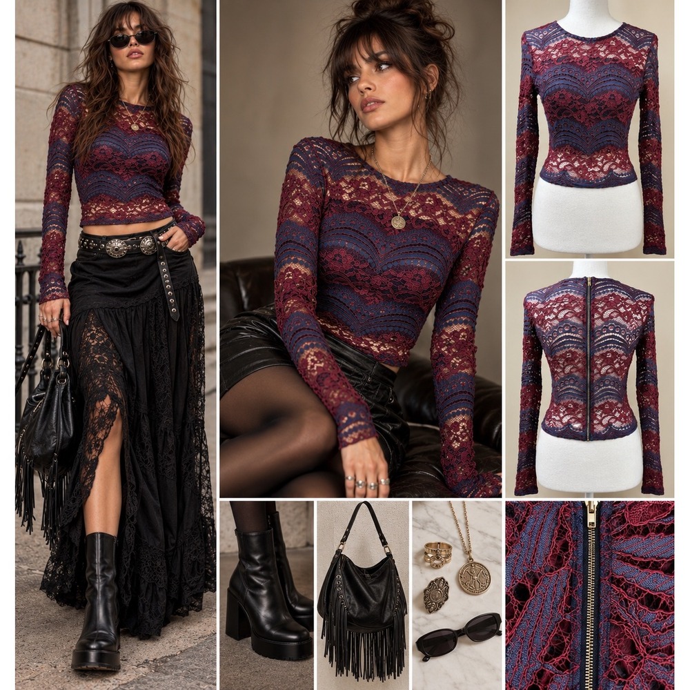 Romeo + Juliet Couture S Burgundy Navy Lace Crop Top Whimsigoth Indie Sleaze